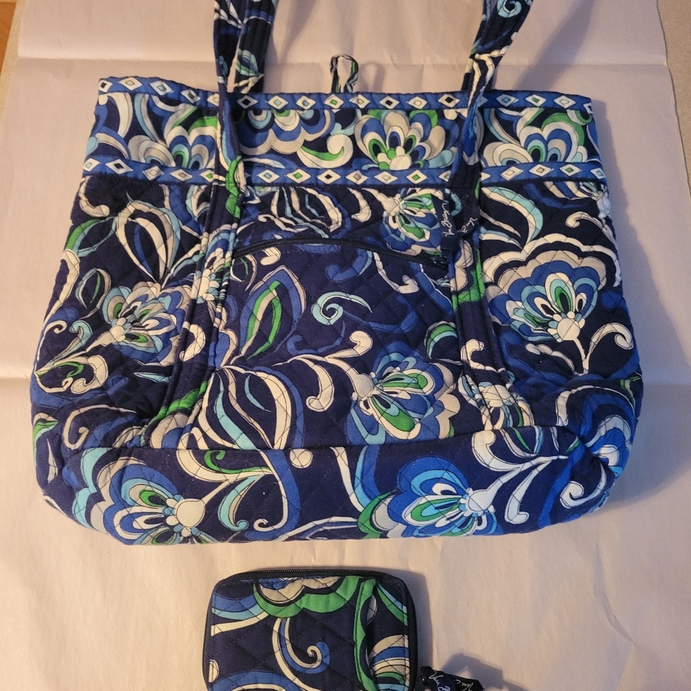 Vera Bradley Tote Shoulder Bag Purse, Mediterranean Blue (Retired) With Wallet